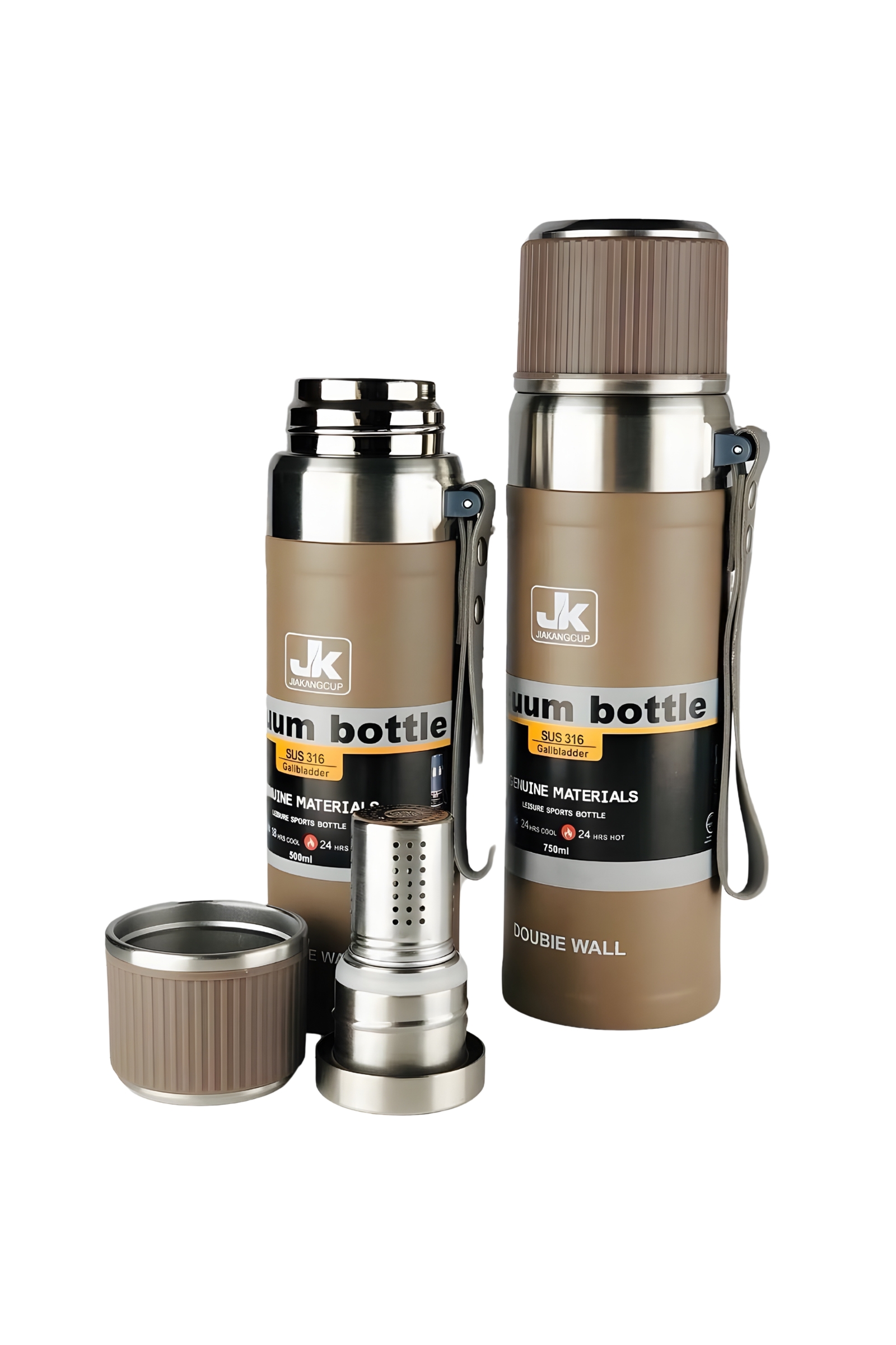 فلاسک بند چرمی JK – استیل ۳۱۶، دوجداره، فیلتر دمنوش و درب لیوانی