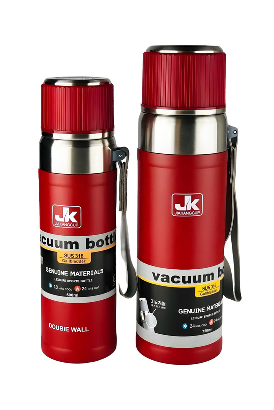 فلاسک بند چرمی JK – استیل ۳۱۶، دوجداره، فیلتر دمنوش و درب لیوانی